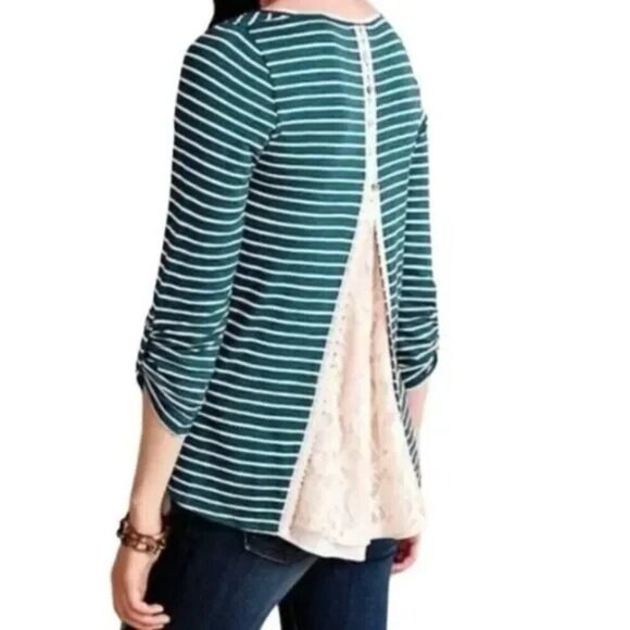 Anthropologie Meadow Rue Cassia Green Stripes Lace Top - Picture 1 of 6